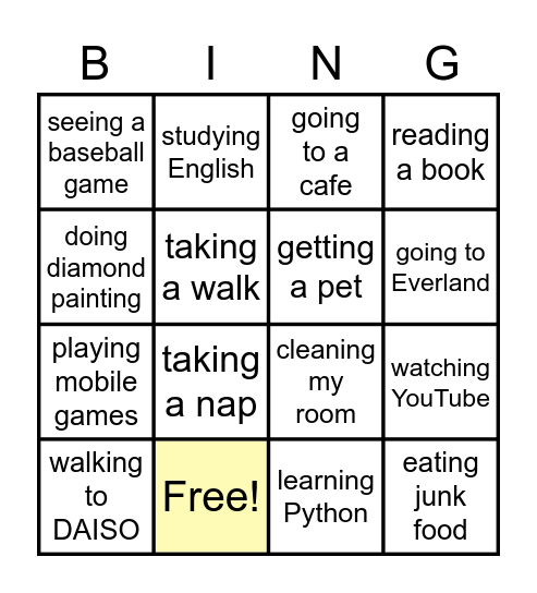 G3 Lesson 1: Intentions Bingo Card