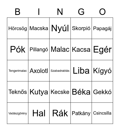 Menzies Állatkert Bingo Card