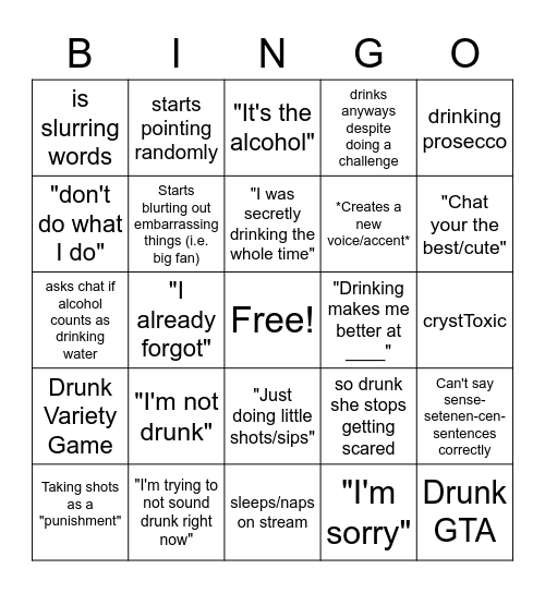 Drinking Bingo Card
