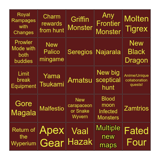 Monster hunter Rise Sunbreak  Bingo Card