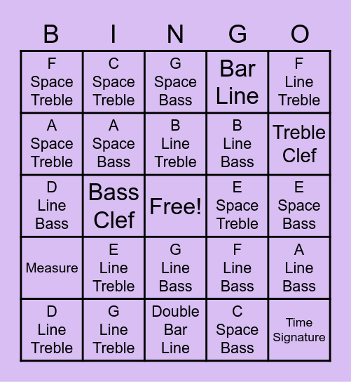 Note Name & Parts of the Staff Bingo Card