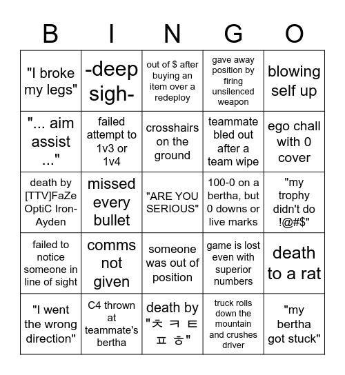 EXTREME COD WZ BINGO Card