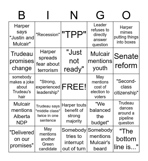 MacLean's Debate Bingo Card