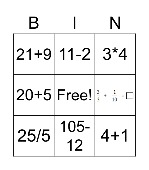 Math Bingo Card