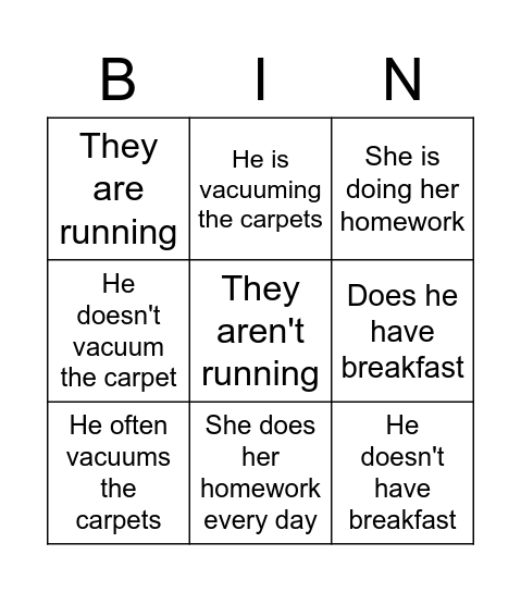 Present Simple/Continuous Bingo Card