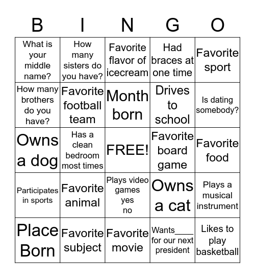 Name:                                                                   Bingo Card