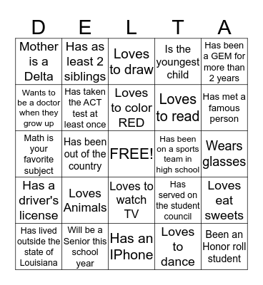 DELTA GEMS MEET and GREET BINGO Card