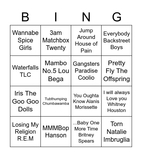 90s Music Bingo Card