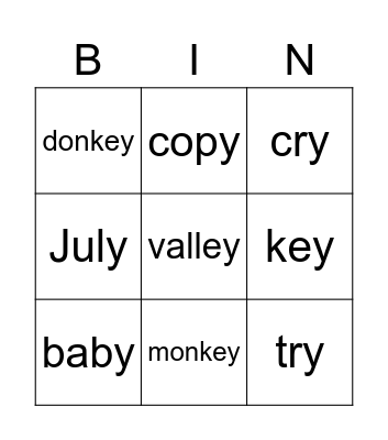 y and ey words! Bingo Card