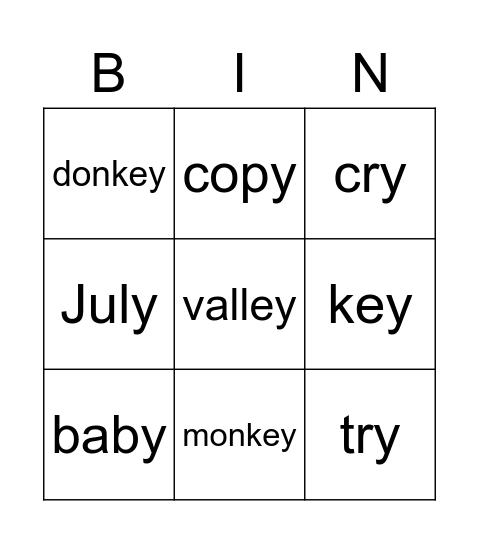 y and ey words! Bingo Card