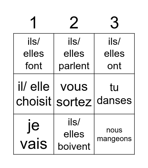 Les verbes Bingo Card