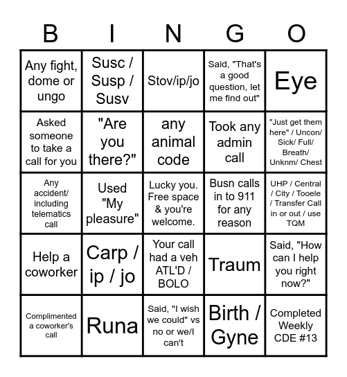 9-1-1 Bingo Card