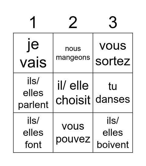 Les verbes Bingo Card