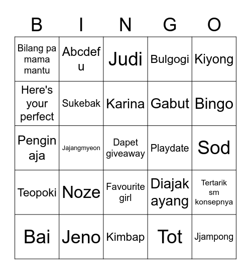 Noze. Bingo Card