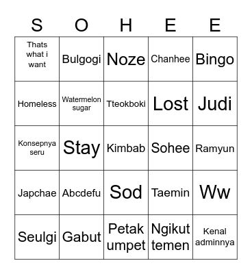 Punya Sohee Bingo Card