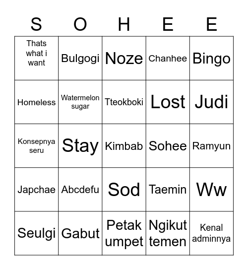 Punya Sohee Bingo Card