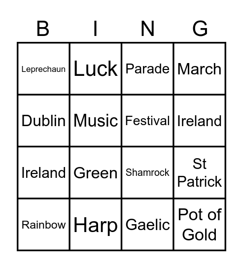 Ireland Bingo Card