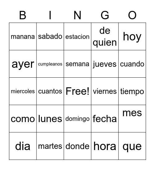 palabras nuevas Bingo Card