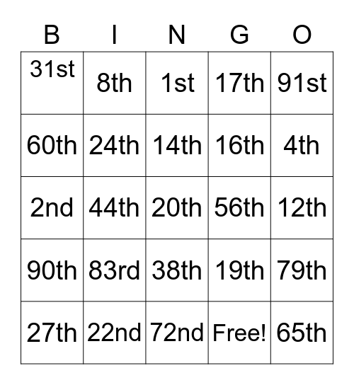 Ordinal Numbers Bingo Card
