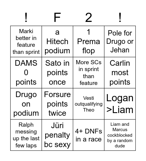 F2 Rawe Ceek Bingo Card