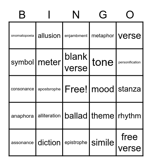 Poetic Terms - Know the Lingo Bingo Card