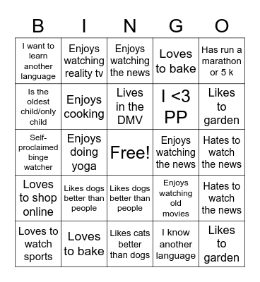 Getting To Know You Bingo Card