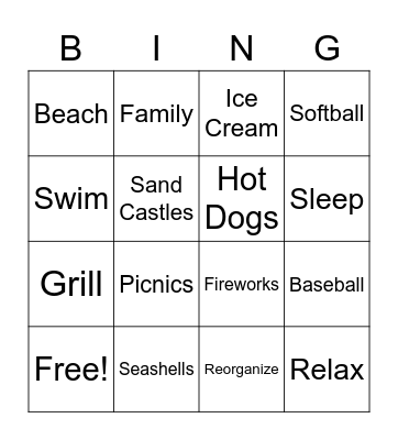 Summer Vacation Bingo Card