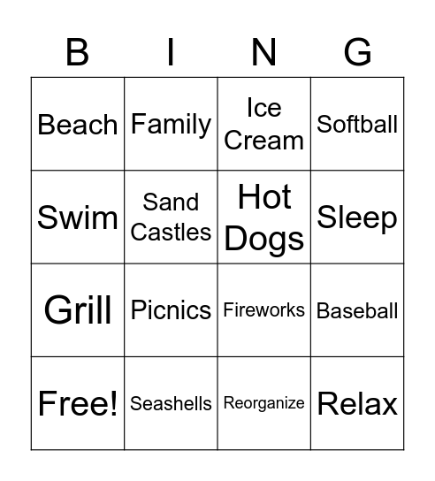 Summer Vacation Bingo Card