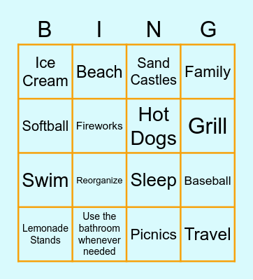 Summer Vacation Bingo Card