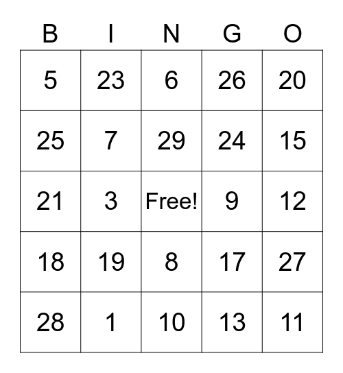 Kangaroo Bingo Card