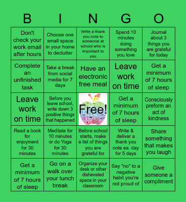 Staff Wellness Challenge Bingo Card