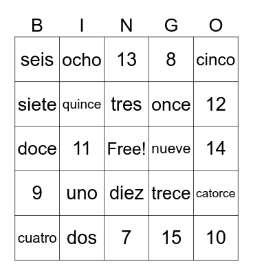Numeros en español Bingo Card