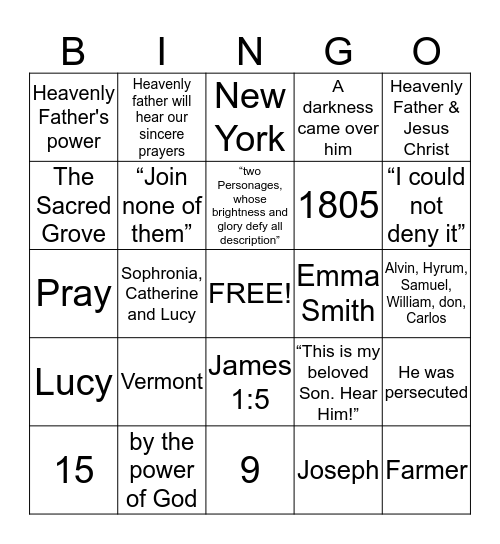 Joseph Smith Bingo Card