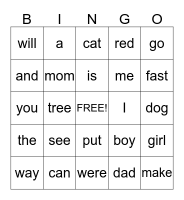 Sight word bingo Card