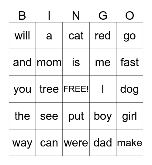 Sight word bingo Card