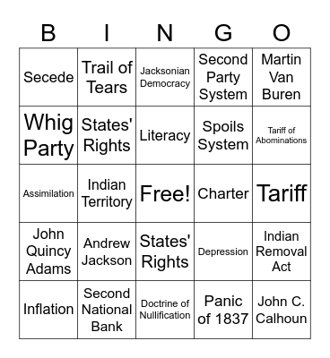 Andrew Jackson Bingo Card
