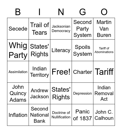 Andrew Jackson Bingo Card