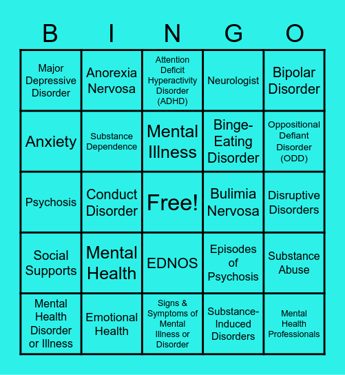 MENTAL HEALTH ILLNESSES & DISORDERS Bingo Card