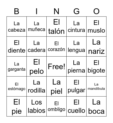 Las partes del cuerpo Bingo Card