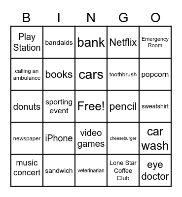 Goods and Services Bingo Card