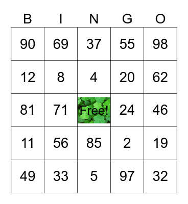 St. Patrick's Theme Bingo Card