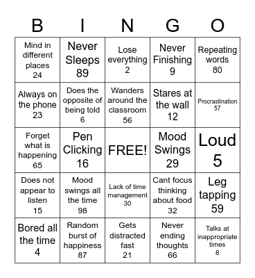 ADHD Bingo Card