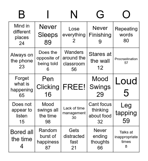 ADHD Bingo Card