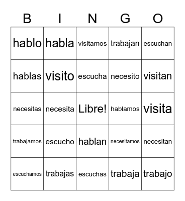 Ar Verbs Bingo Card