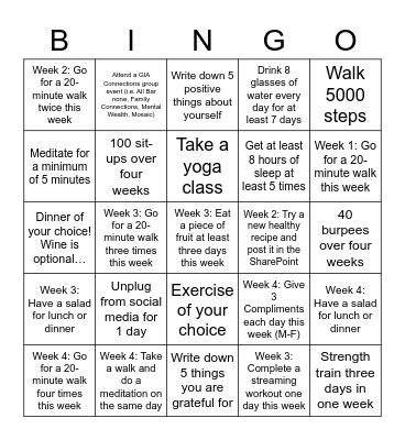 GIA Health & Wellbeing Bingo Card