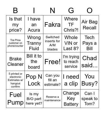 In - Reserve a maintenance / Out - Lost wheel lock key Bingo Card