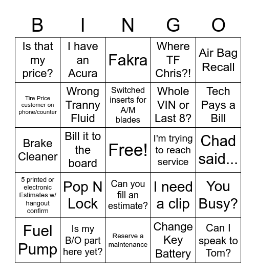 In - Reserve a maintenance / Out - Lost wheel lock key Bingo Card