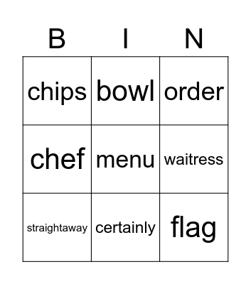 Vocabulary Bingo "The best restaurant in town" Bingo Card