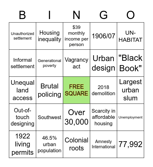 First half Bingo: Kibera Bingo Card