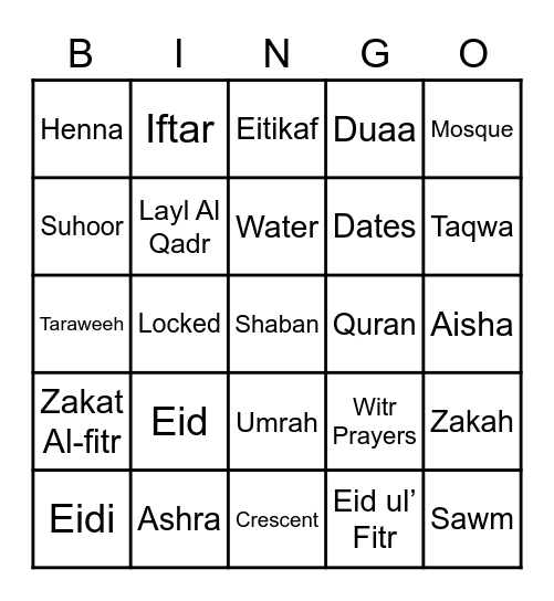 Welcome Ramadan Bingo Card